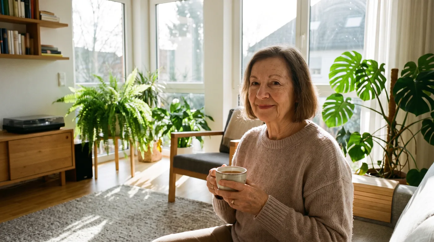 Entspannte ältere Person im Wohnzimmer