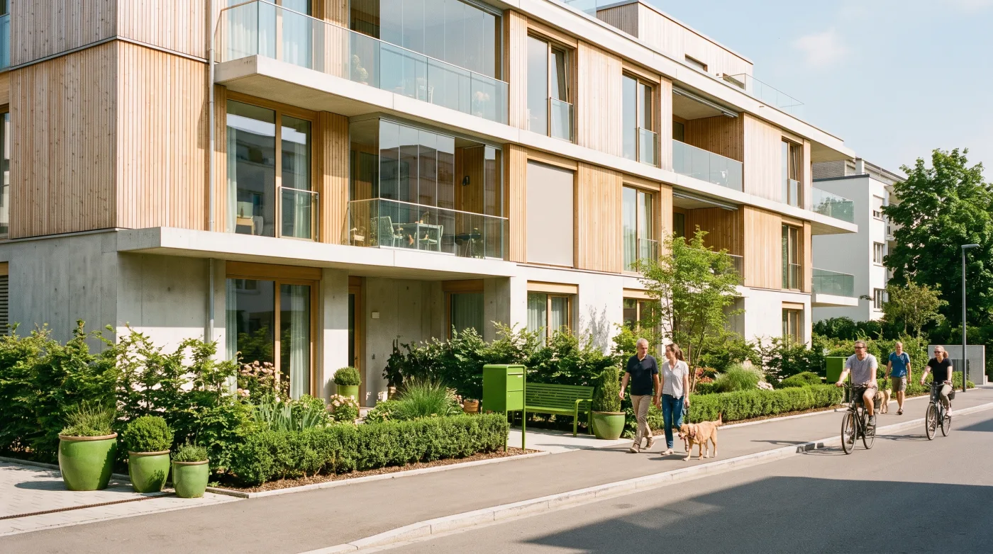 Modernes Mehrfamilienhaus mit gepflegtem Vorgarten