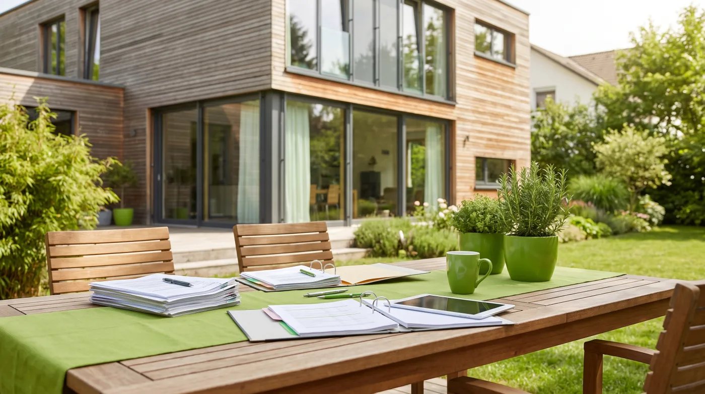 Einfamilienhaus mit Garten und Unterlagen auf dem Gartentisch