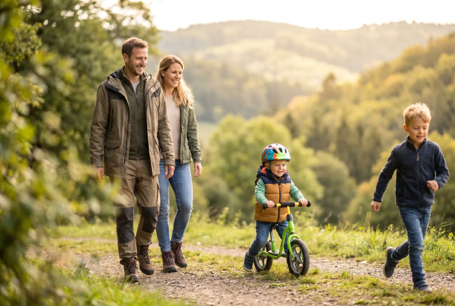 Aktive Familie mit Kind beim Fahrradfahren