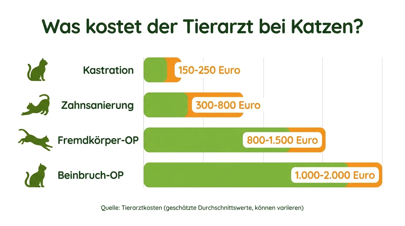 Infografik: Tierarztkosten bei Katzen von der Kastration bis zur Beinbruch-Operation mit 150 bis 2.000 Euro