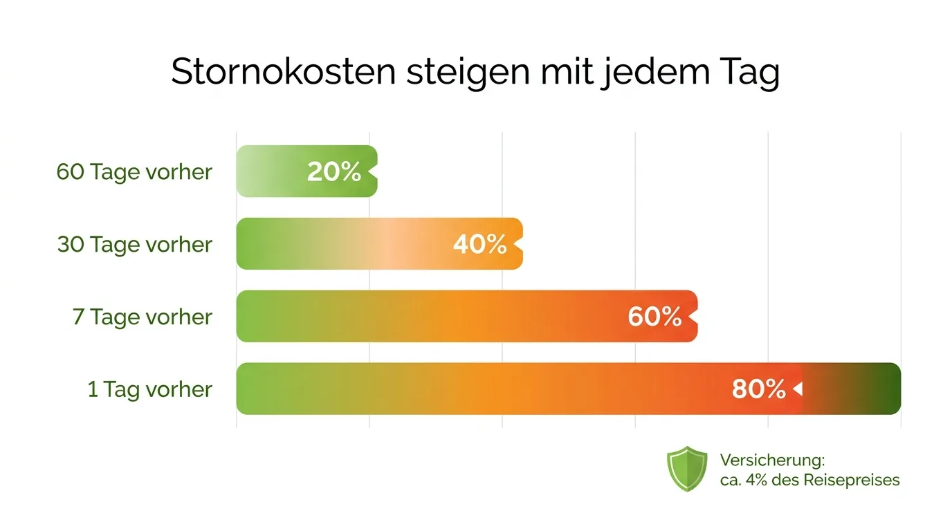 Infografik: Stornokosten steigen von 20 Prozent auf 80 Prozent des Reisepreises, je näher die Abreise rückt