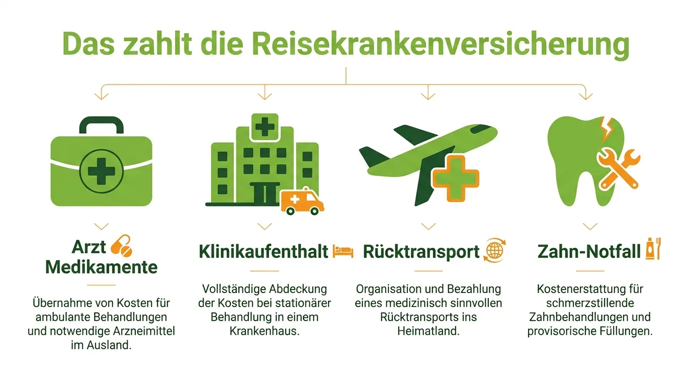 Infografik: Leistungen der Reisekrankenversicherung mit Arzt und Medikamenten, Klinikaufenthalt, Rücktransport und Zahn-Notfall