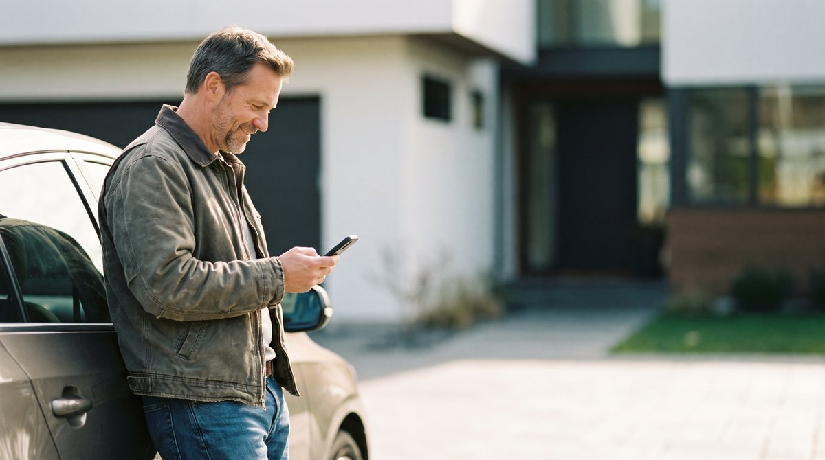 Autofahrer prüft seine Autoversicherung am Smartphone