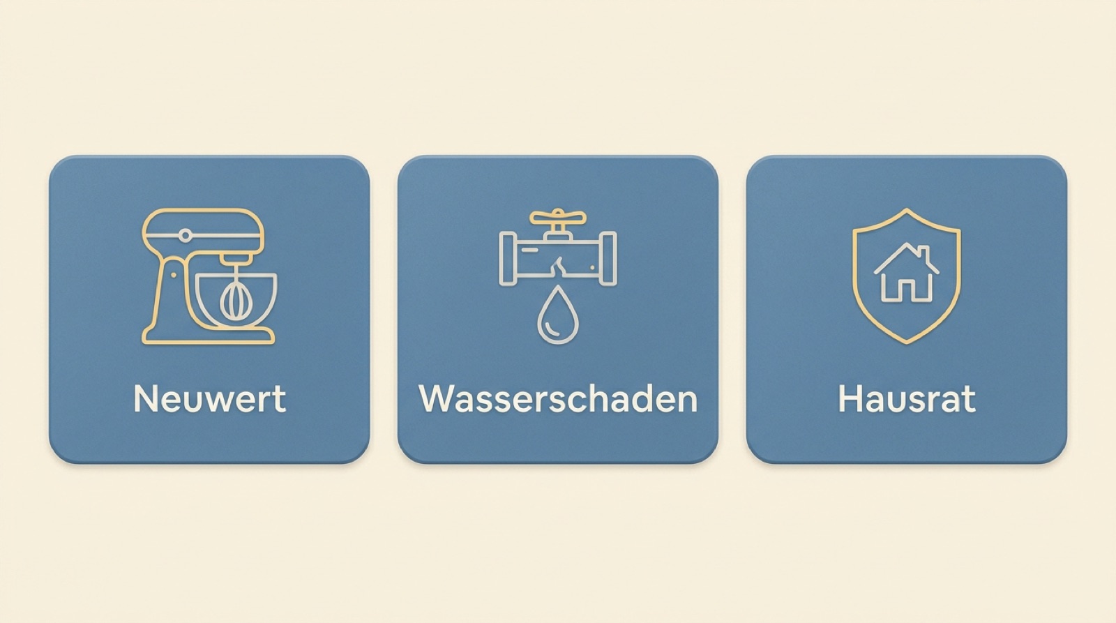 Infografik mit drei Bausteinen: Neuwert, Wasserschaden und Hausratversicherung