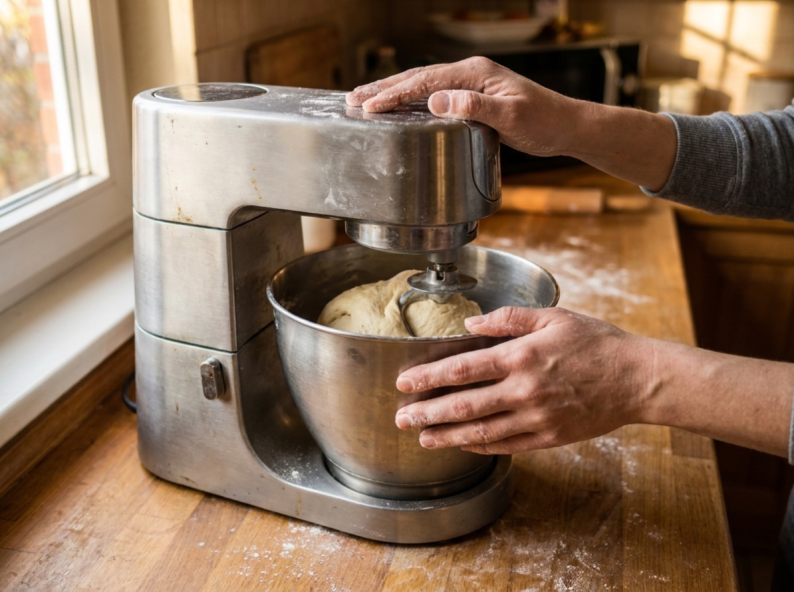 Zwei Hände bedienen eine Küchenmaschine, die Teig in einer Edelstahlschüssel knetet, auf einer bemehlten Holzarbeitsplatte