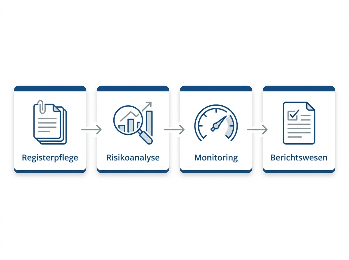 Infografik: vier Daueraufgaben im Auslagerungscontrolling von der Risikoanalyse bis zum Berichtswesen