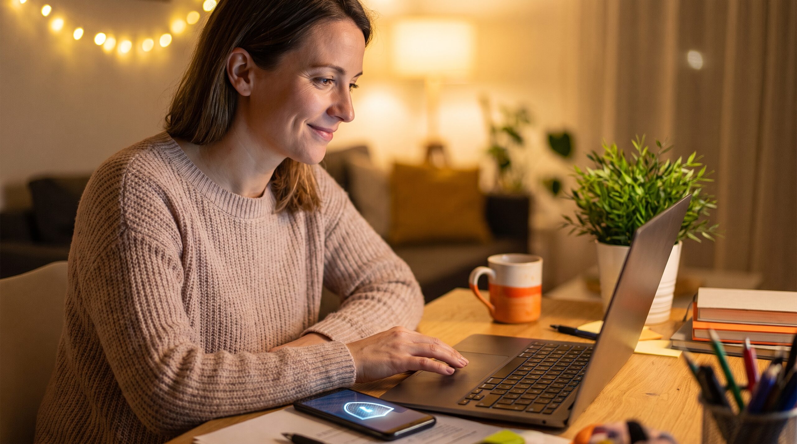 Frau erledigt Online-Banking am Laptop mit Sicherheits-App auf dem Smartphone