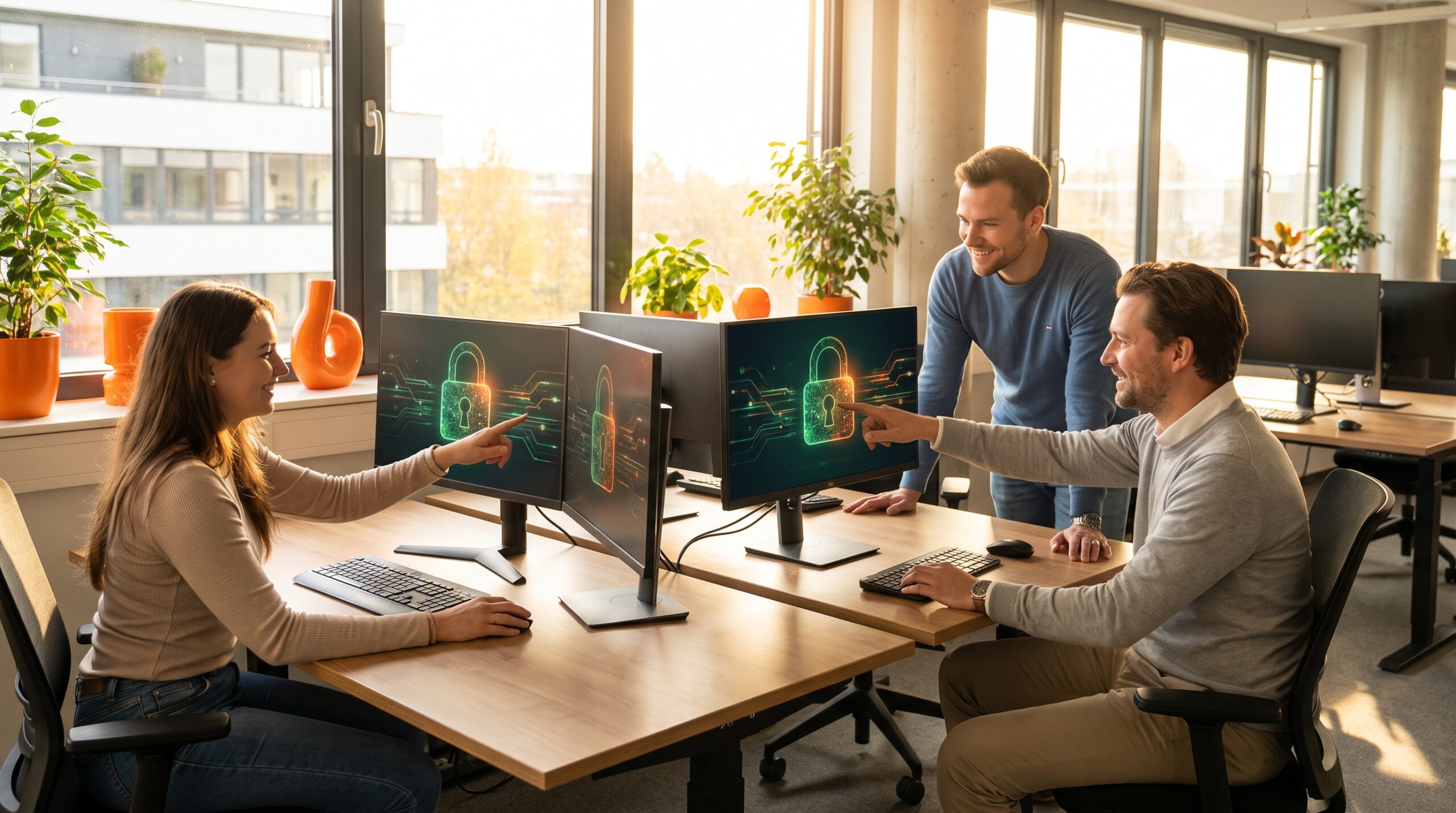 Team im Büro prüft IT-Sicherheit an Monitoren mit Schloss-Symbolen