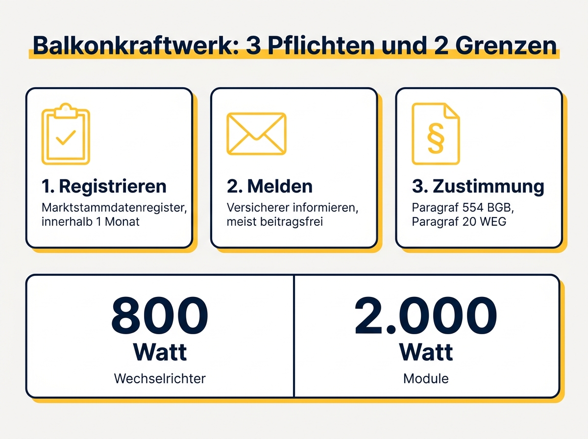 Infografik: drei Pflichten beim Balkonkraftwerk und die Grenzen von 800 und 2.000 Watt