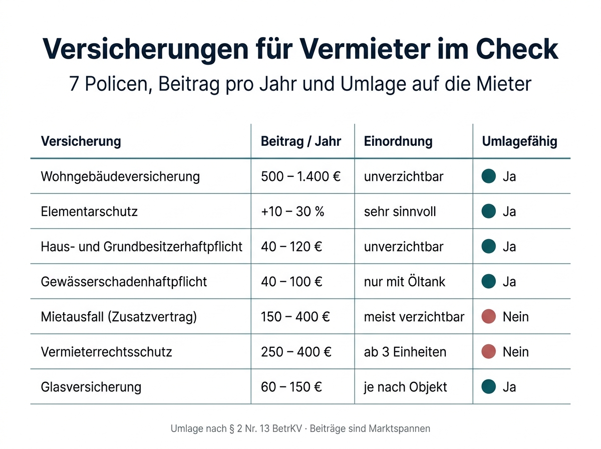 Infografik: sieben Versicherungen für Vermieter mit Einordnung und Umlagefähigkeit