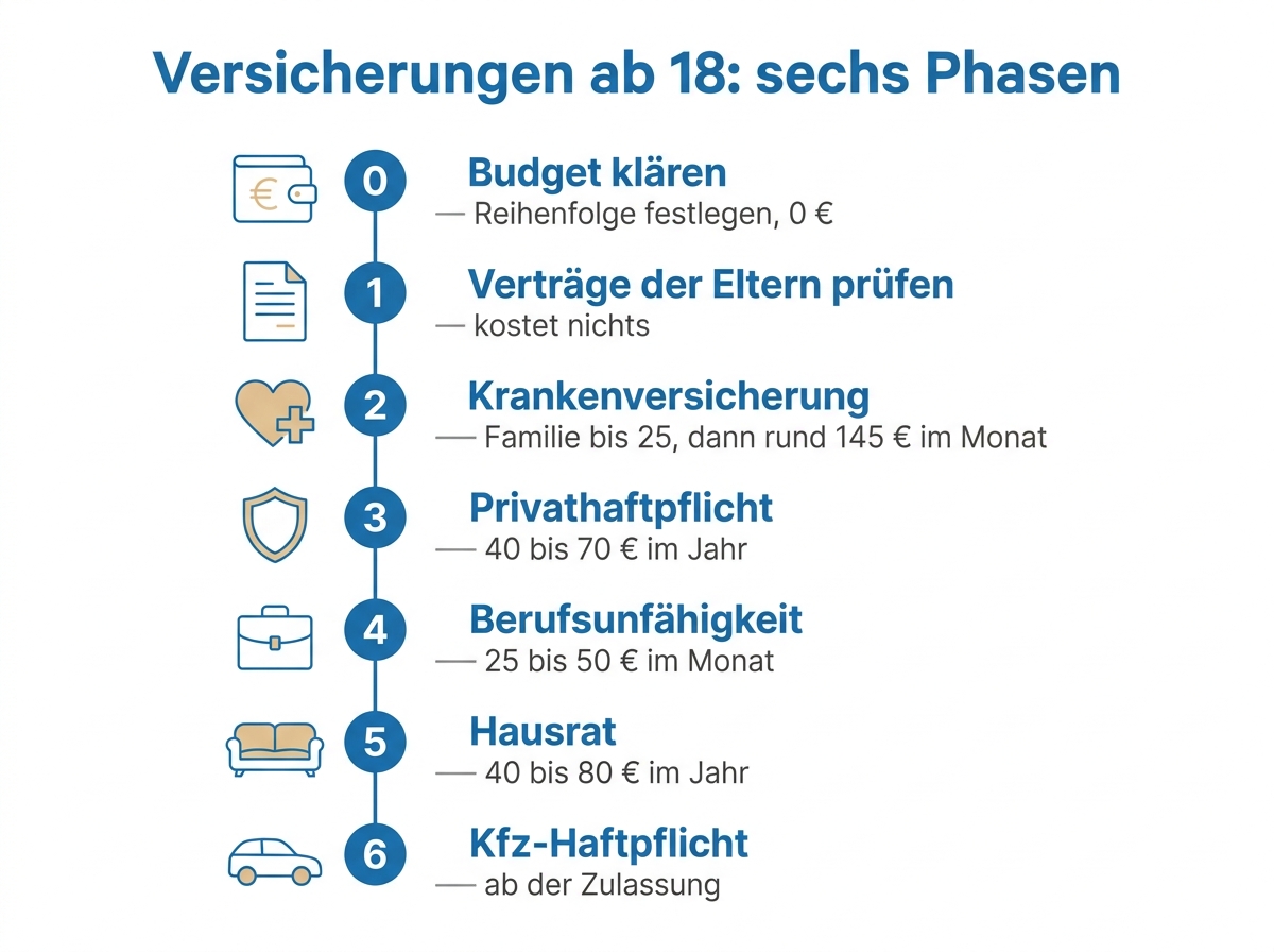 Sechs Phasen des Versicherungsstarts mit Altersgrenzen und Preisen