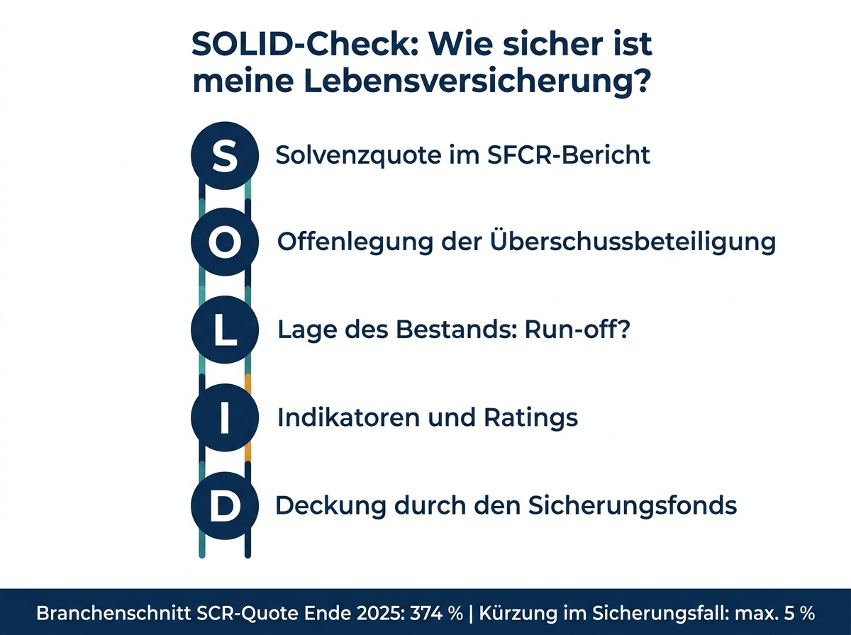 Infografik mit den fünf Prüfschritten des SOLID-Checks für die Sicherheit einer Lebensversicherung