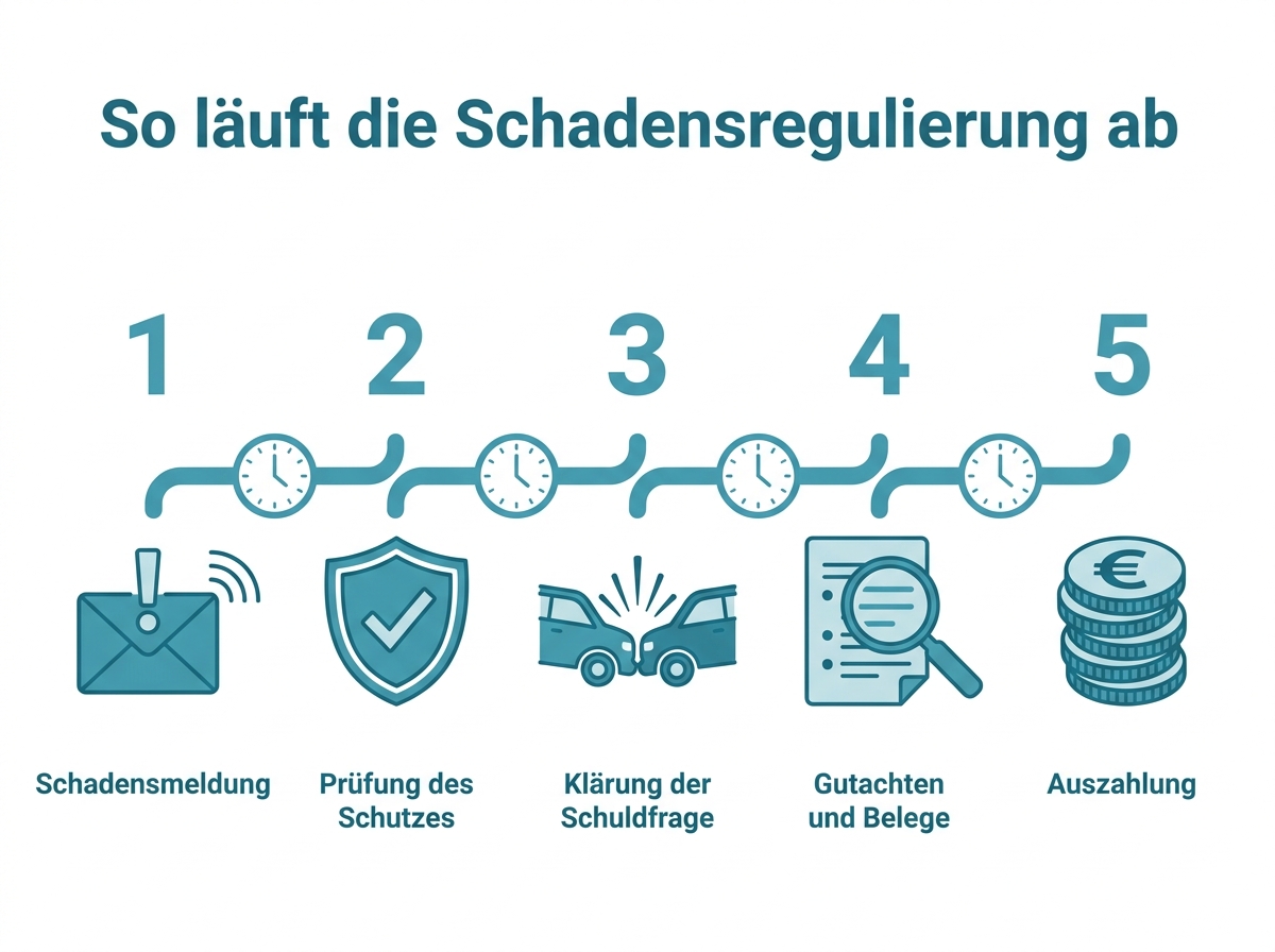 Infografik: fünf Stationen der Schadensregulierung von der Meldung bis zur Auszahlung