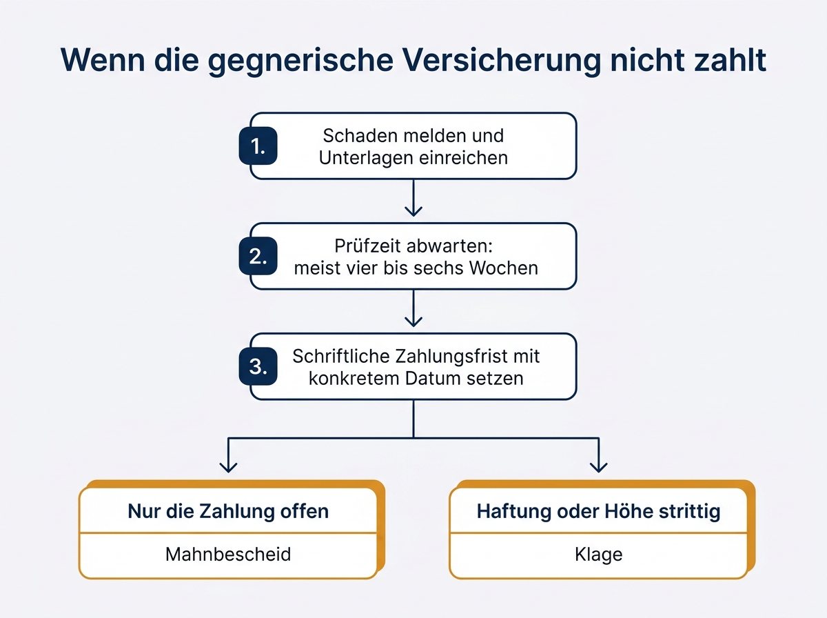 Infografik zum Ablauf nach einem Unfall von der Schadenmeldung bis zur Klage