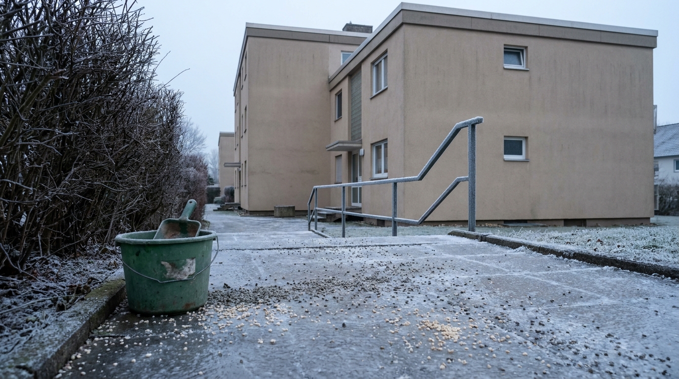 Vereister Hauseingang mit Streugut vor einem Mehrfamilienhaus