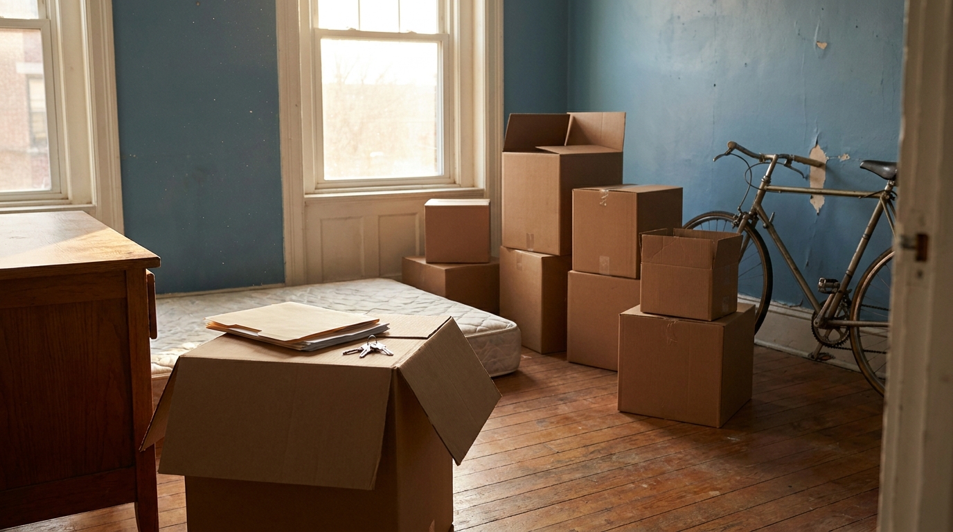 Erste Wohnung mit Umzugskartons und Versicherungsunterlagen