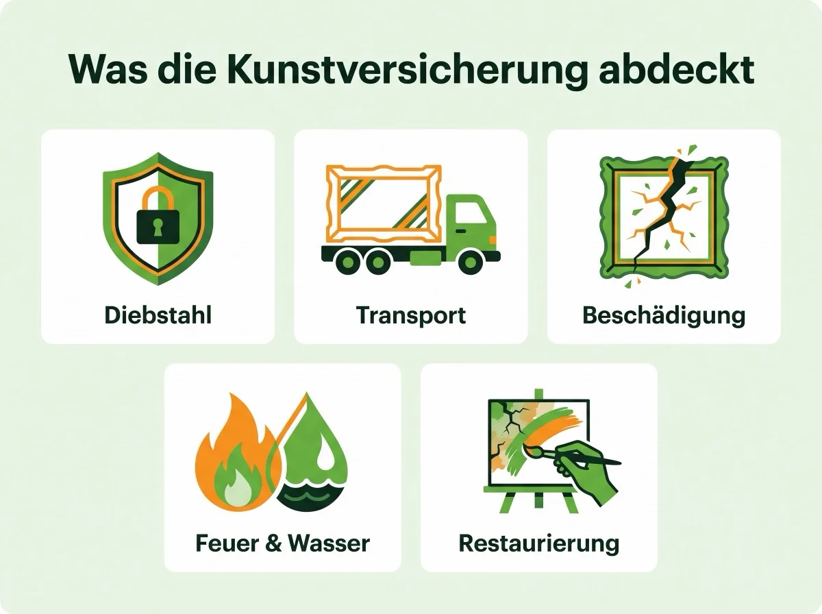 Infografik: Was die Kunstversicherung abdeckt – Diebstahl, Transport, Beschädigung, Feuer und Wasser, Restaurierung
