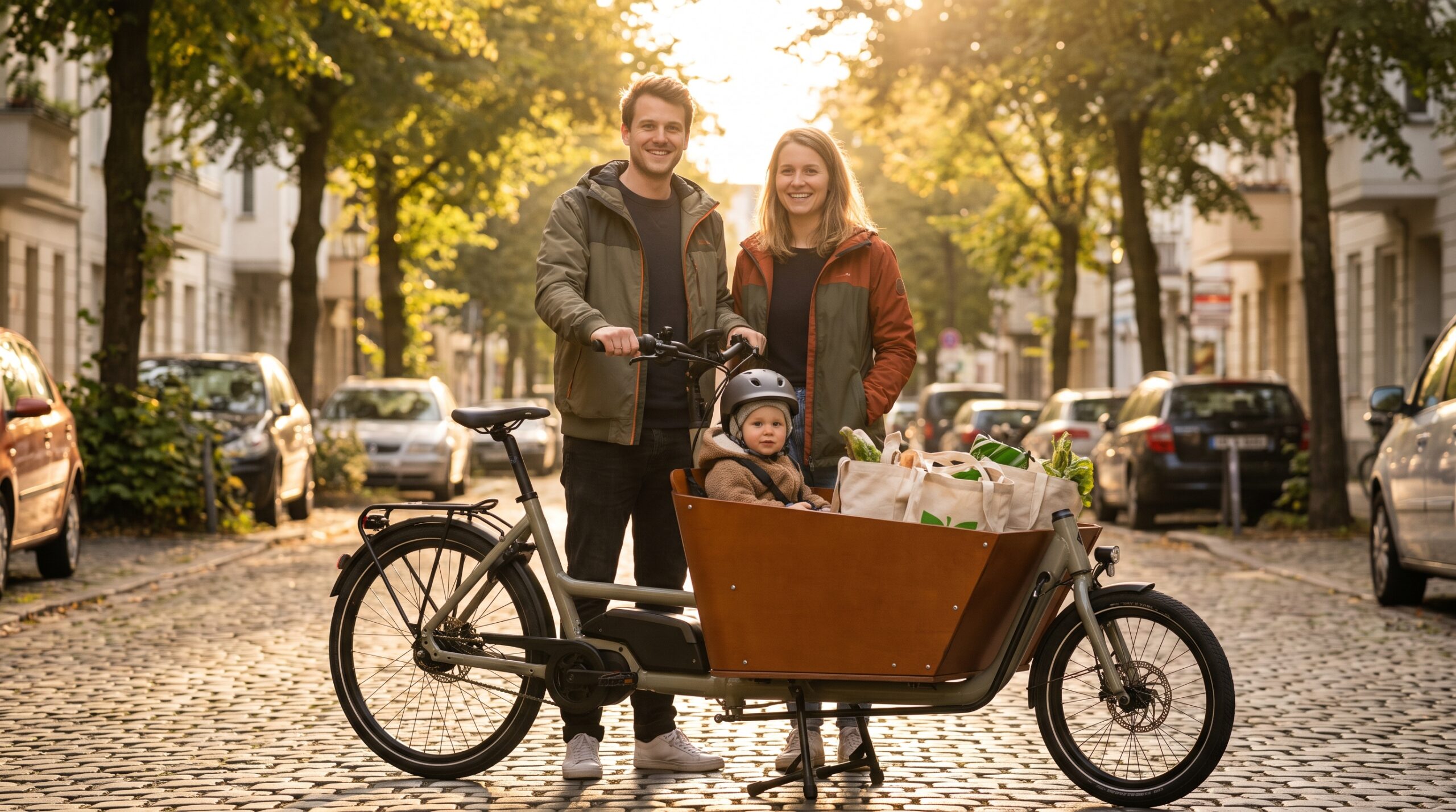 Familie mit E-Lastenrad und Kind beim Einkauf in der Stadt