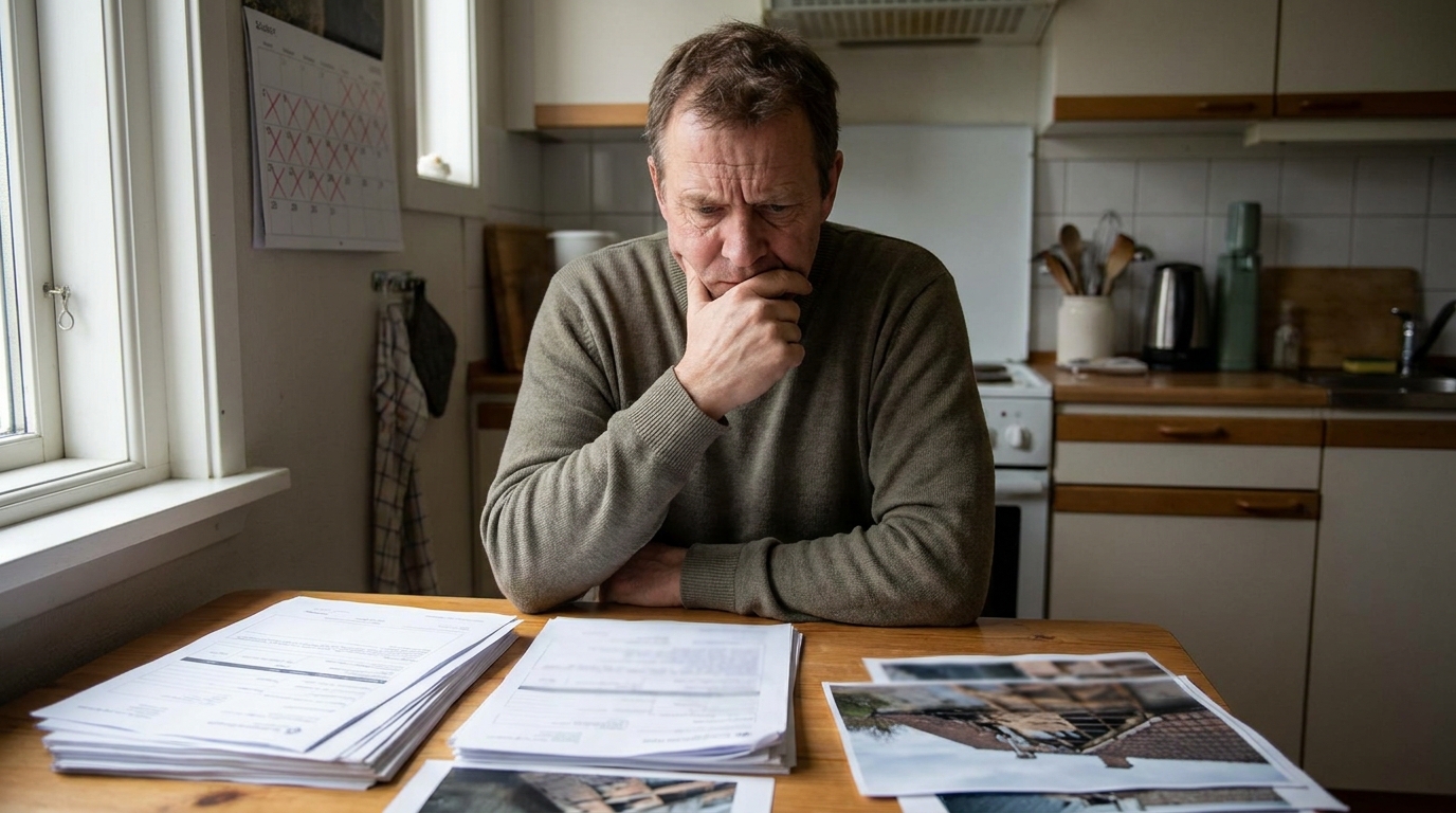 Versicherungsnehmer wartet mit Schadensunterlagen und Kalender auf die Zahlung der Versicherung