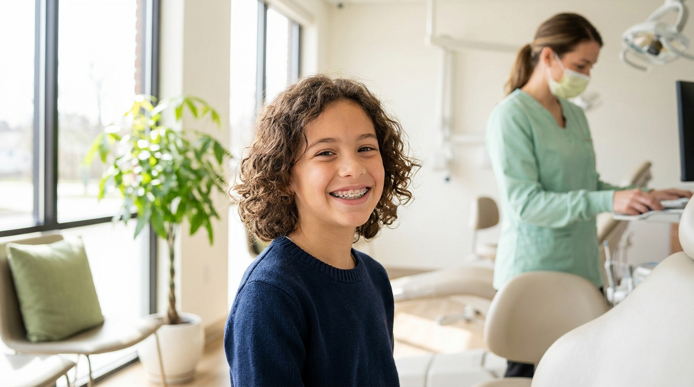 Kind mit Zahnspange beim Kieferorthopäden – Zahnzusatzversicherung für Kinder