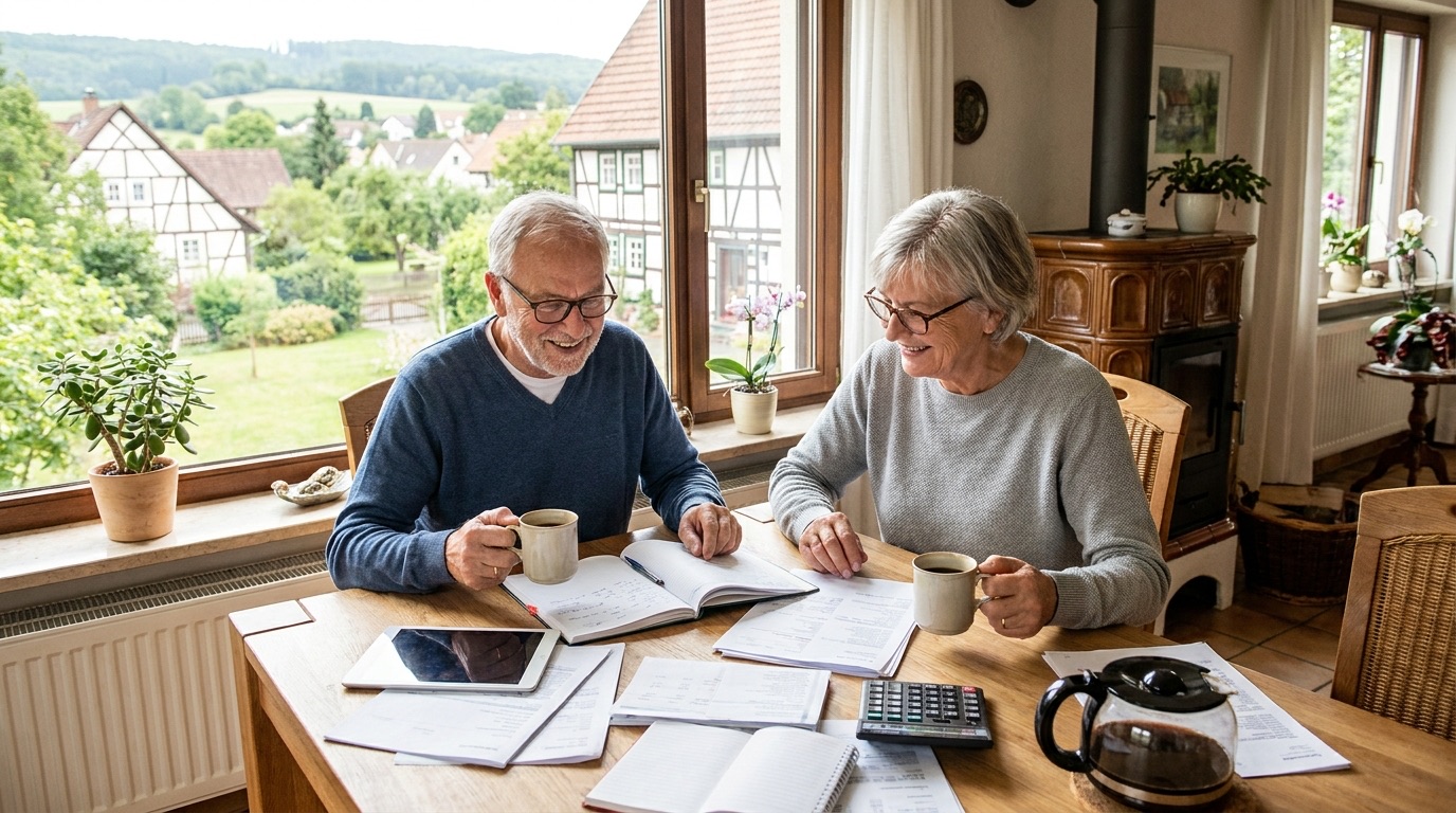 Zufriedenes Rentnerpaar plant Finanzen mit Unterlagen und Kaffee