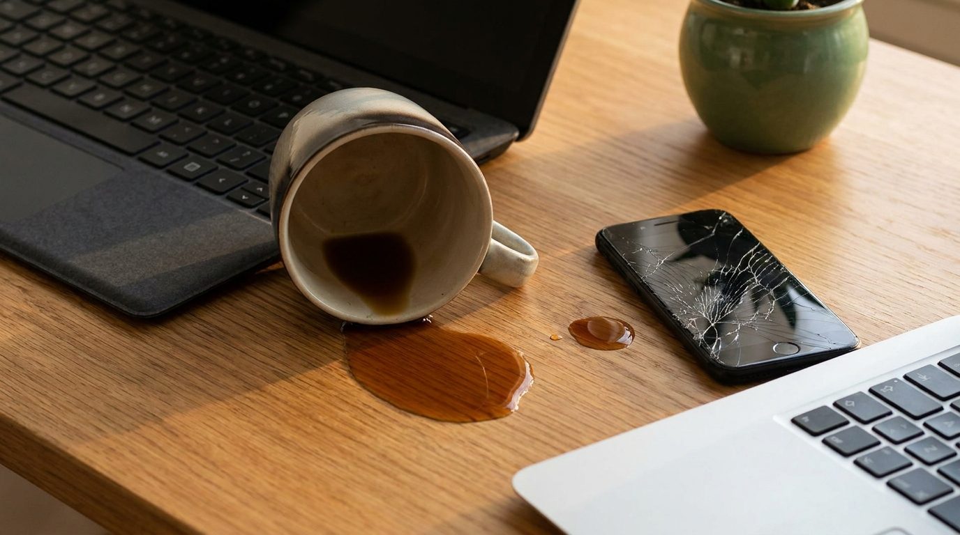 Umgekippte Kaffeetasse am Laptop und Smartphone mit zerbrochenem Display auf dem Schreibtisch