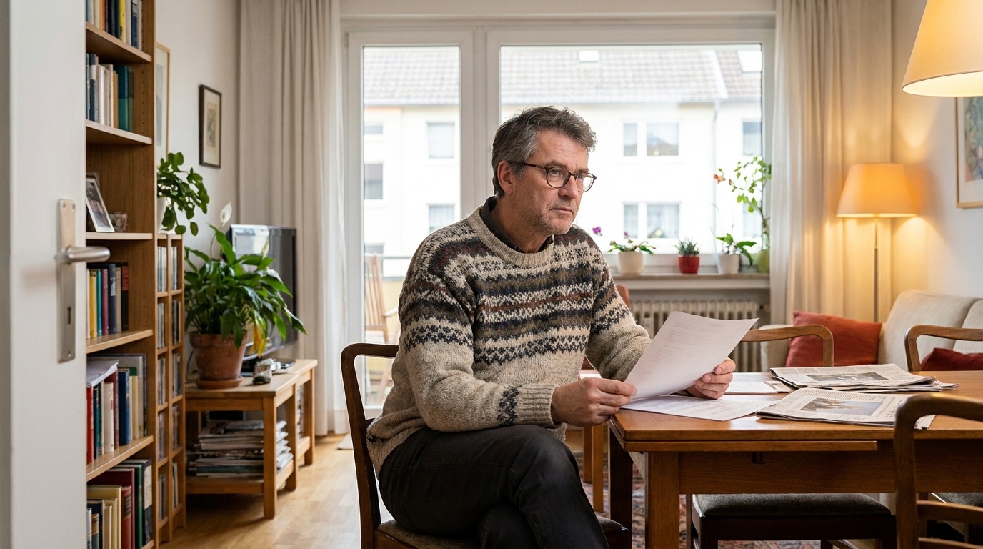 Mann mittleren Alters liest zuhause einen offiziellen Brief