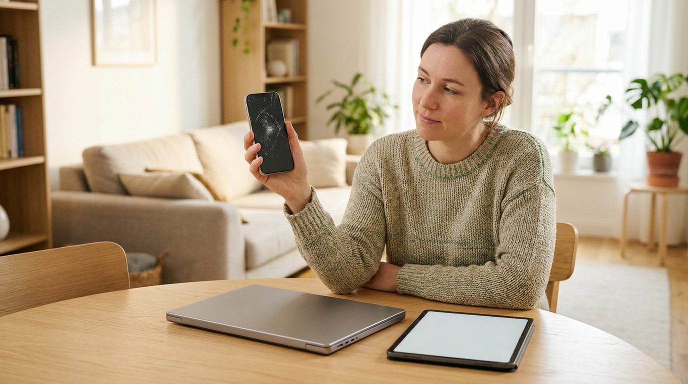 Frau mit gesprungenem Smartphone-Display, daneben Laptop und Tablet – wer zahlt bei Geräteschäden?